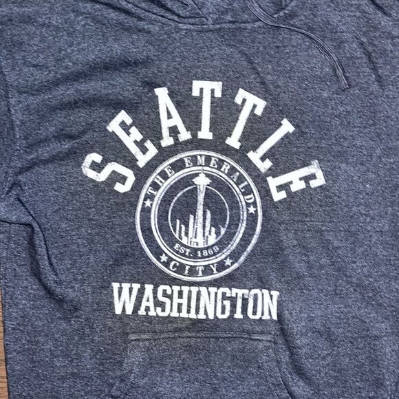 Soft Gray Fleece Seattle Washington Space Needle Hooded Hoodie Sweatshirt L - Picture 2 of 3